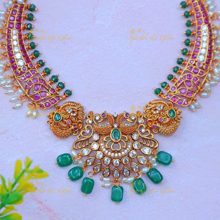 Stunning Antique Gold alike Peacock Floral Kanti Hasli Necklace Set with Green Beads - Sparkle and Glow