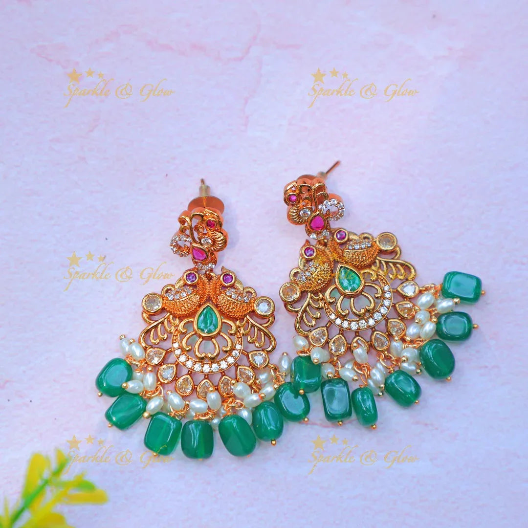 Stunning Antique Gold alike Peacock Floral Kanti Hasli Necklace Set with Green Beads - Sparkle and Glow