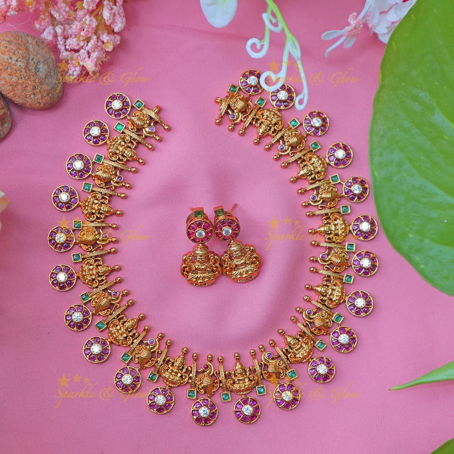 Beautiful Antique Gold alike Lakshmi Coin Necklace Set with Stud Earrings - Sparkle and Glow
