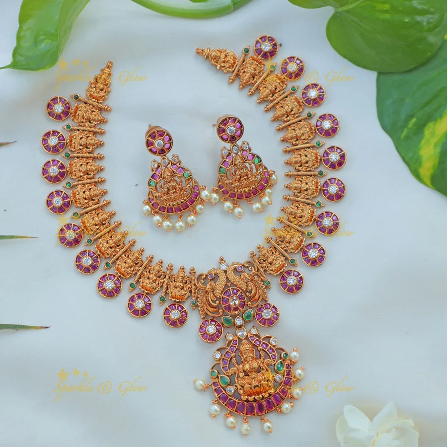 Beautiful Lakshmi Temple Necklace Set with Pearl Drops and Ruby Accents - Sparkle and Glow