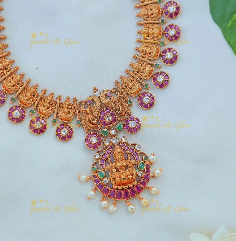 Beautiful Lakshmi Temple Necklace Set with Pearl Drops and Ruby Accents - Sparkle and Glow