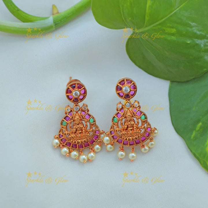 Beautiful Lakshmi Temple Necklace Set with Pearl Drops and Ruby Accents - Sparkle and Glow