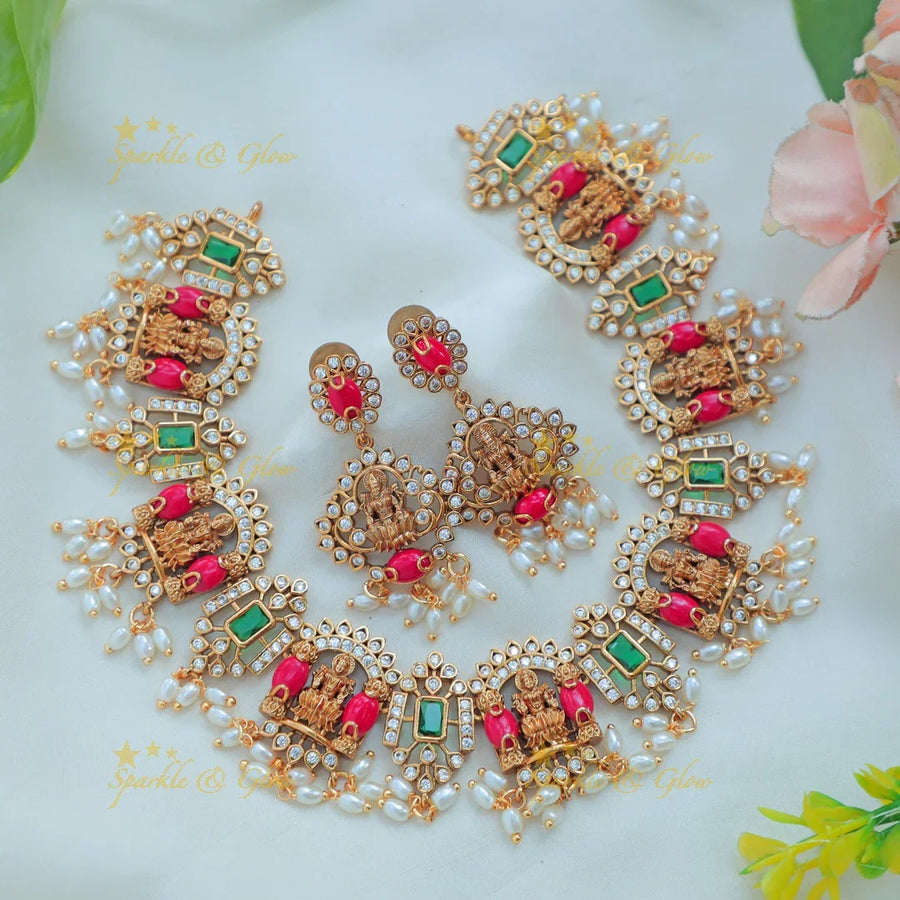 Beautiful Idol Lakshmi Guttapusalu Short necklace with Coral and pearl beads - Sparkle and Glow
