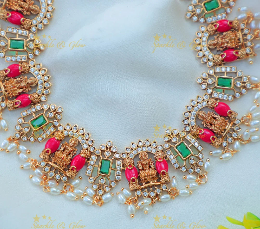 Beautiful Idol Lakshmi Guttapusalu Short necklace with Coral and pearl beads - Sparkle and Glow