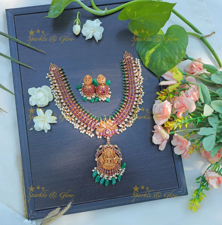 Stunning Lakshmi Temple Long Necklace Set with Green Beads and Jhumkas - Sparkle and Glow