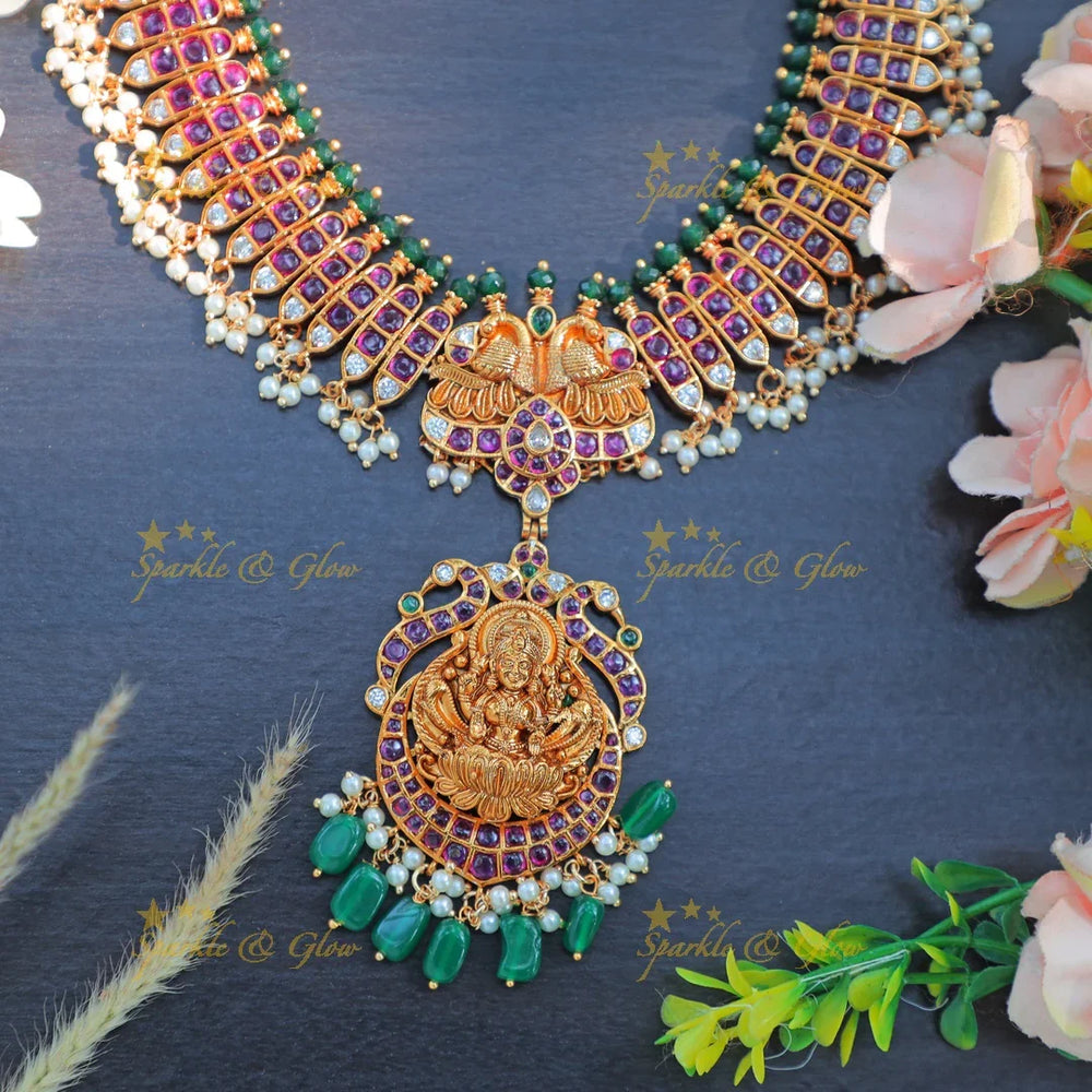 Stunning Lakshmi Temple Long Necklace Set with Green Beads and Jhumkas - Sparkle and Glow