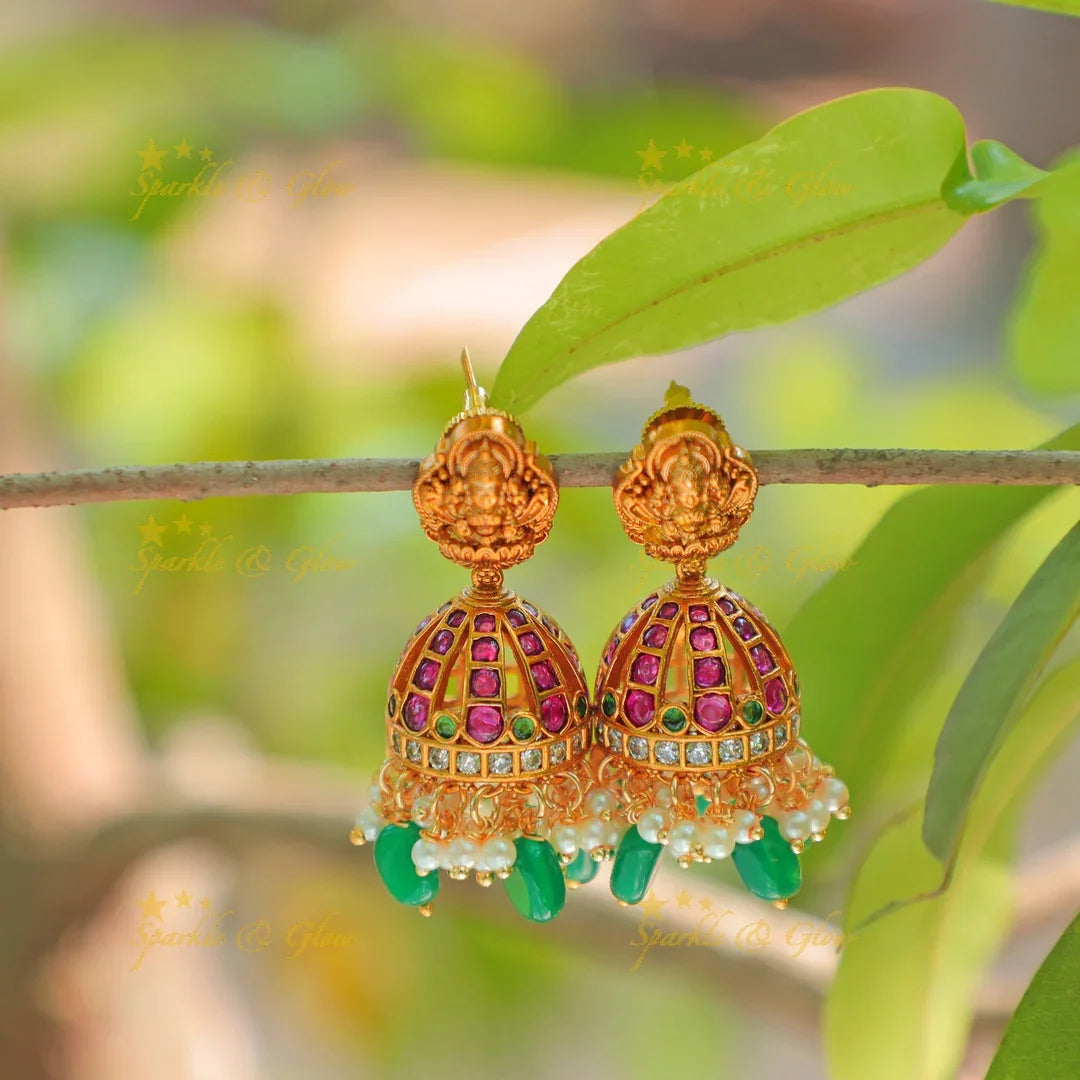 Stunning Lakshmi Temple Long Necklace Set with Green Beads and Jhumkas - Sparkle and Glow