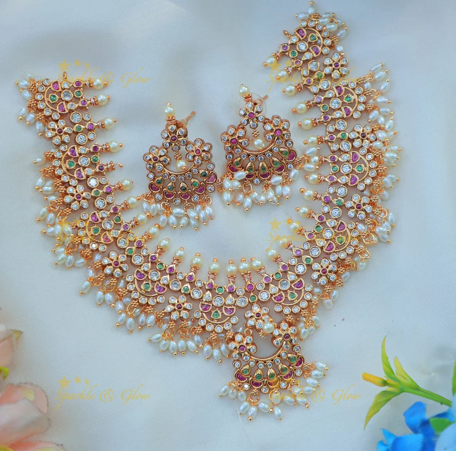 Beautiful Guttapusalu Short necklace with kemp and cz stones - Sparkle and Glow