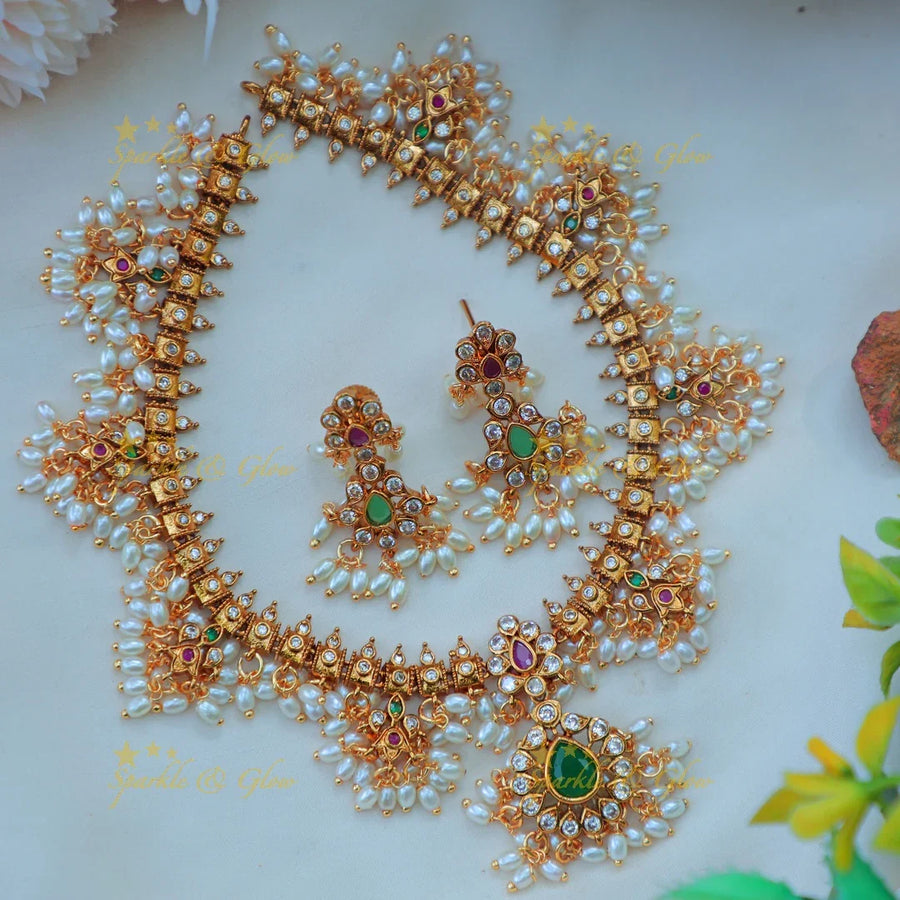 Elegant Traditional Pearl Cluster Necklace Set with Multicolor Stones - Sparkle and Glow