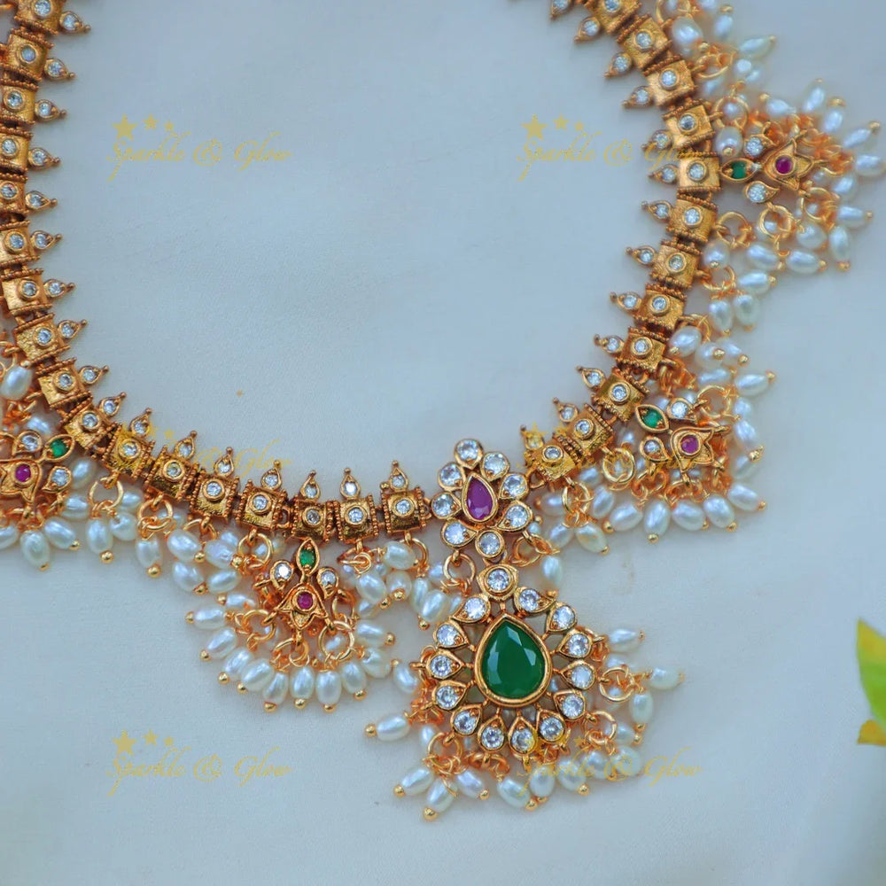 Elegant Traditional Pearl Cluster Necklace Set with Multicolor Stones - Sparkle and Glow