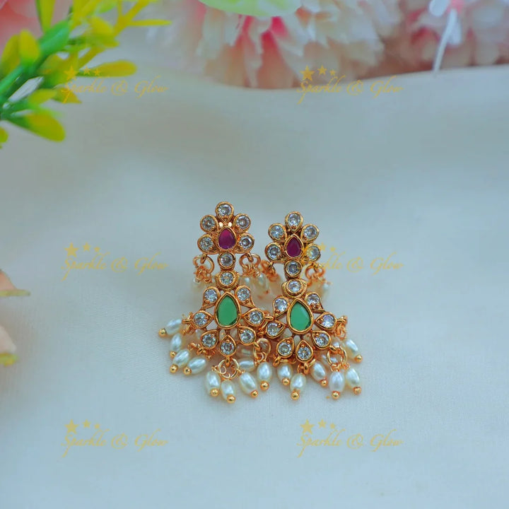 Elegant Traditional Pearl Cluster Necklace Set with Multicolor Stones - Sparkle and Glow