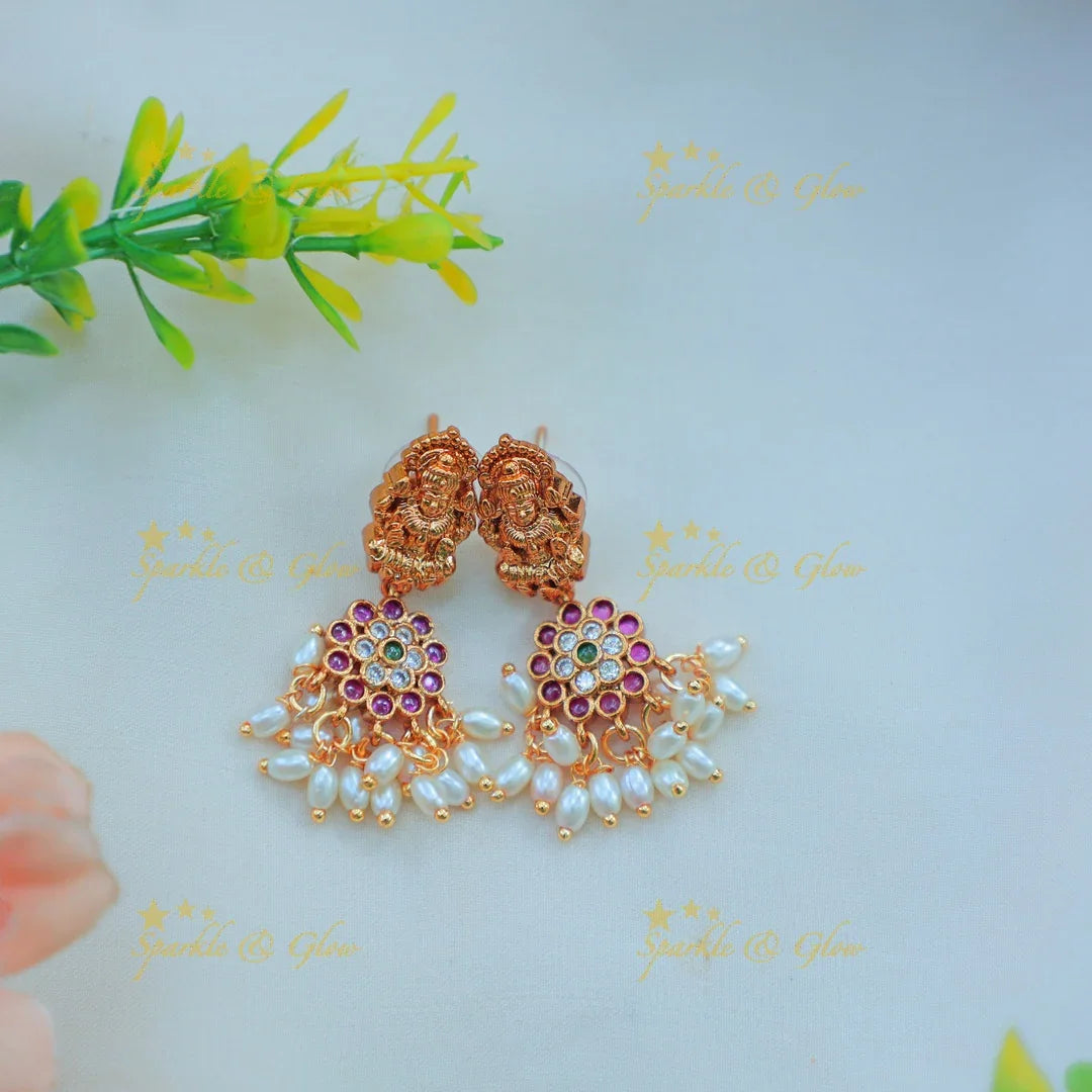Beautiful Temple Lakshmi Necklace Set with Pearl Drops & Kundan Work - Sparkle and Glow