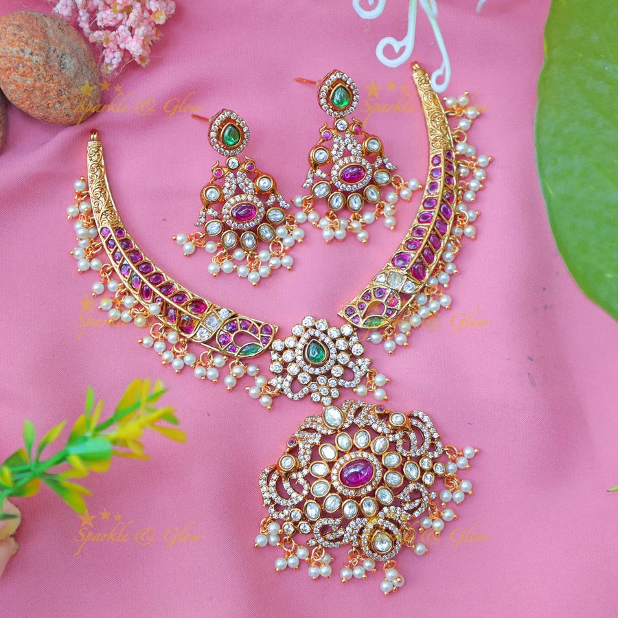 Stunning Bridal kemp Hasli Kanti Necklace Set with Pink & Green Stones - Sparkle and Glow