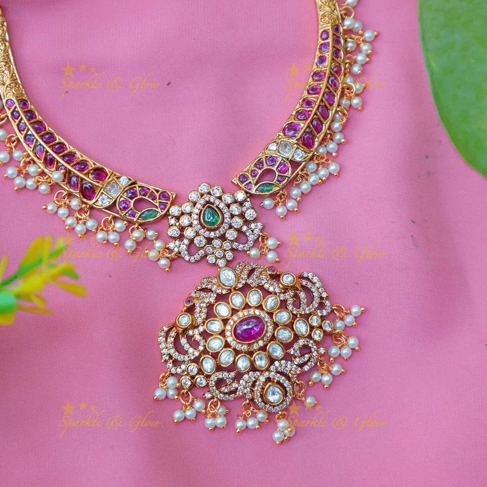 Stunning Bridal kemp Hasli Kanti Necklace Set with Pink & Green Stones - Sparkle and Glow