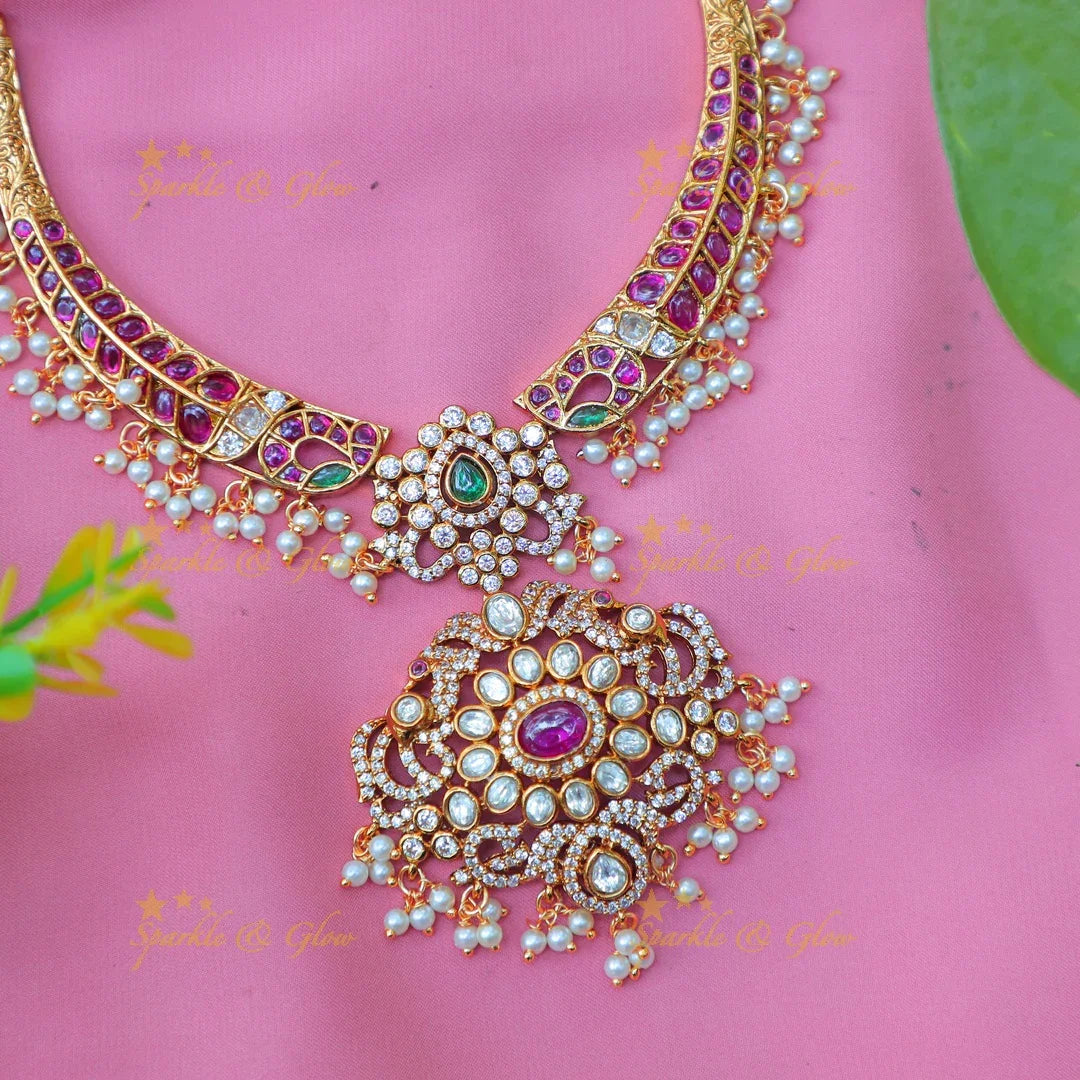 Stunning Bridal kemp Hasli Kanti Necklace Set with Pink & Green Stones - Sparkle and Glow