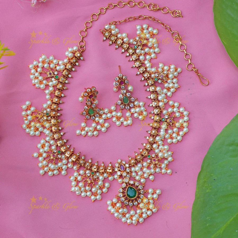 Traditional Pearl Cluster Necklace Set with Green Stone Pendant - Sparkle and Glow