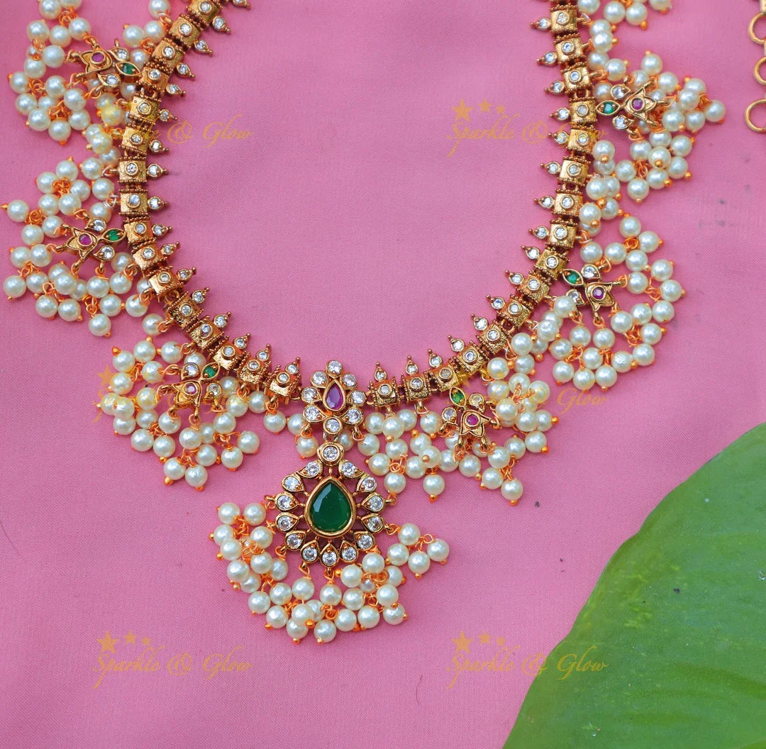 Traditional Pearl Cluster Necklace Set with Green Stone Pendant - Sparkle and Glow