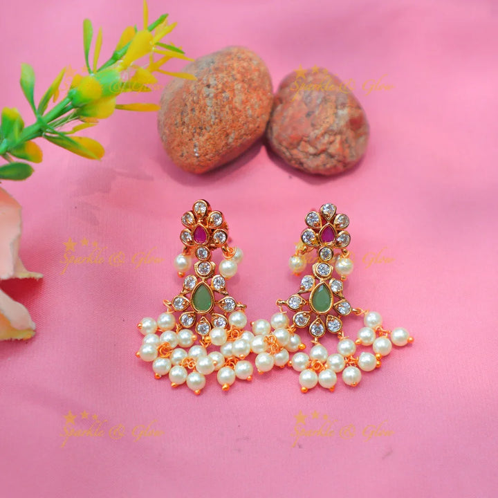 Traditional Pearl Cluster Necklace Set with Green Stone Pendant - Sparkle and Glow