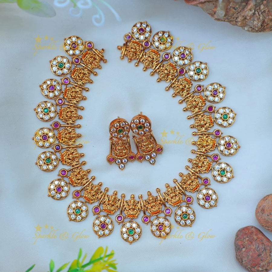 Stunning Antique gold alike Temple Lakshmi Necklace Set with Kundan Round Motifs - Sparkle and Glow