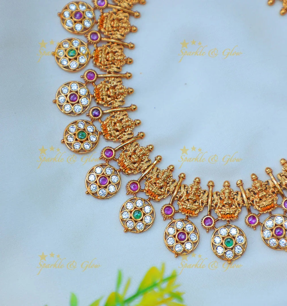 Stunning Antique gold alike Temple Lakshmi Necklace Set with Kundan Round Motifs - Sparkle and Glow