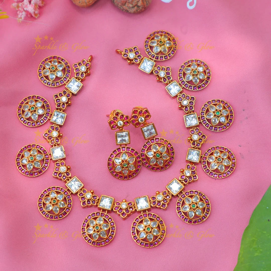 Beautiful Geometric Kundan Necklace Set with Pink Enamel Accents - Sparkle and Glow