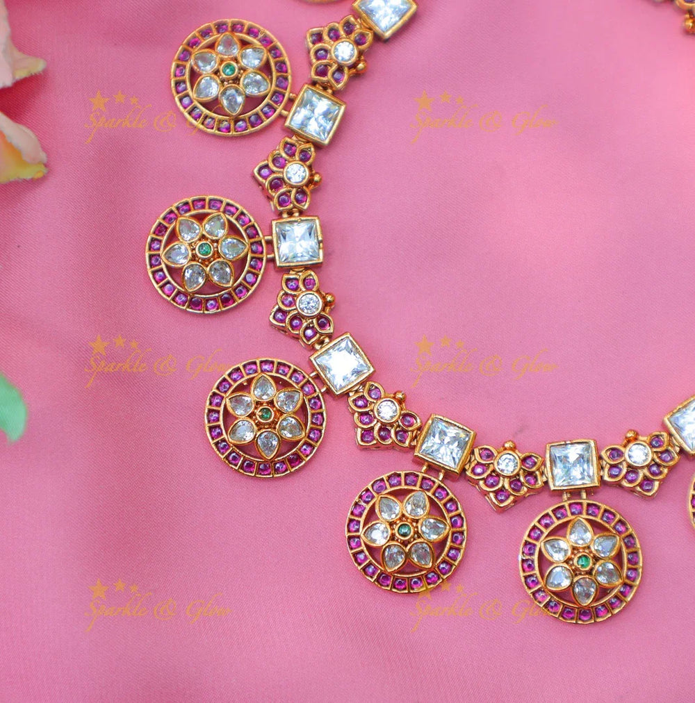 Beautiful Geometric Kundan Necklace Set with Pink Enamel Accents - Sparkle and Glow