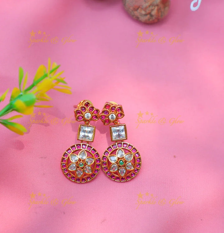 Beautiful Geometric Kundan Necklace Set with Pink Enamel Accents - Sparkle and Glow