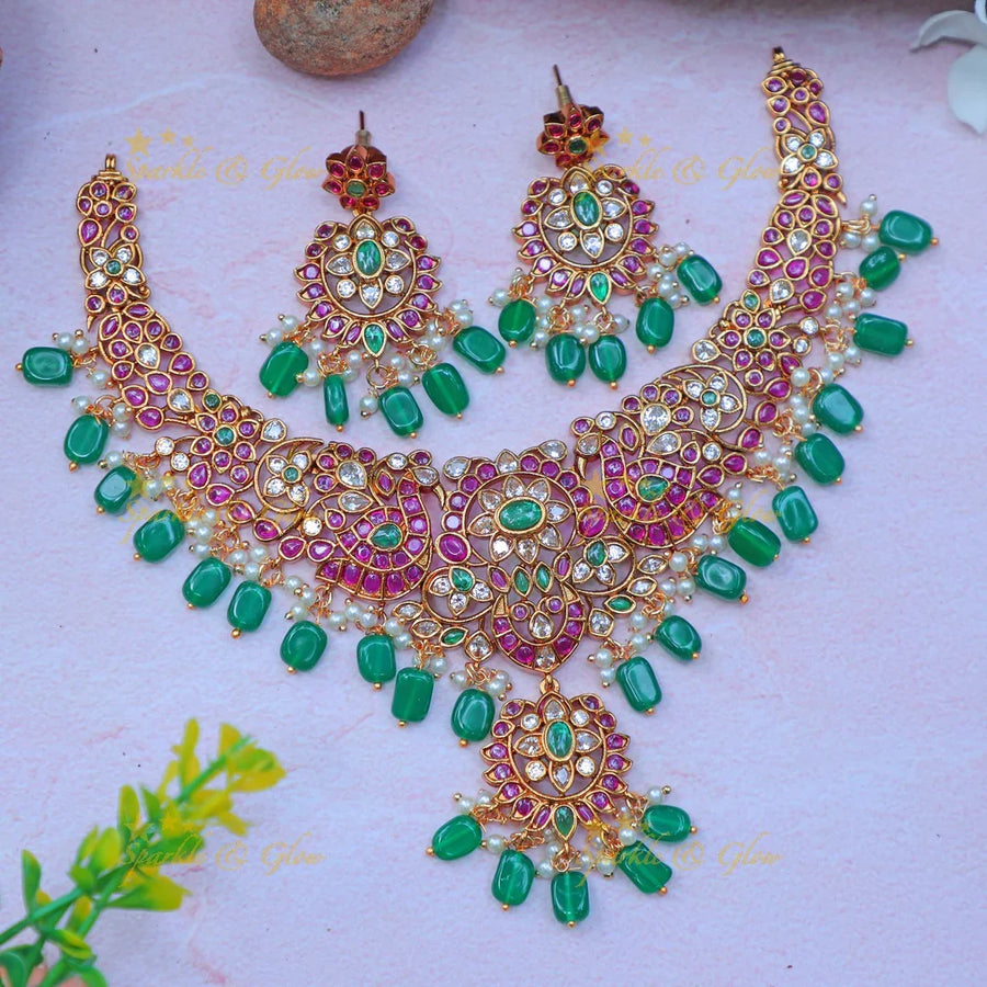 Stunning Kundan Choker Necklace Set with Green Beads & Pink Enamel - Sparkle and Glow
