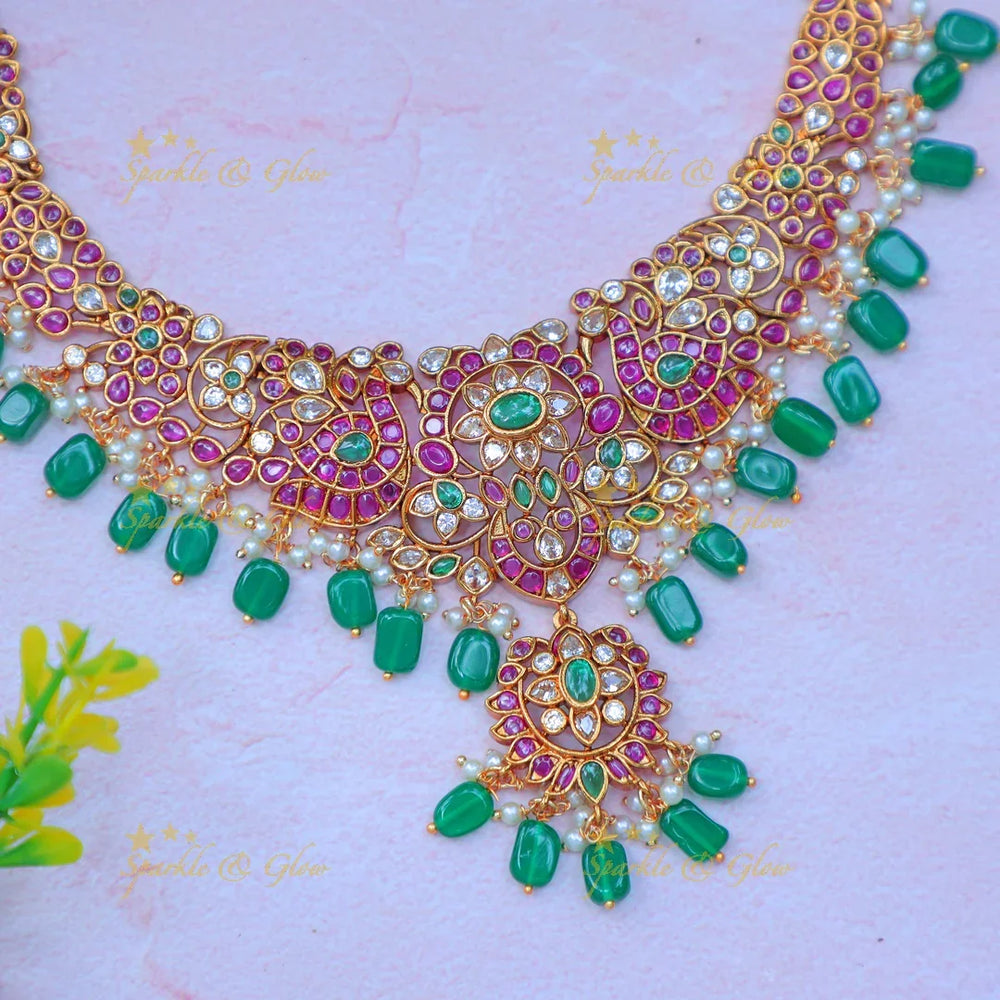 Stunning Kundan Choker Necklace Set with Green Beads & Pink Enamel - Sparkle and Glow