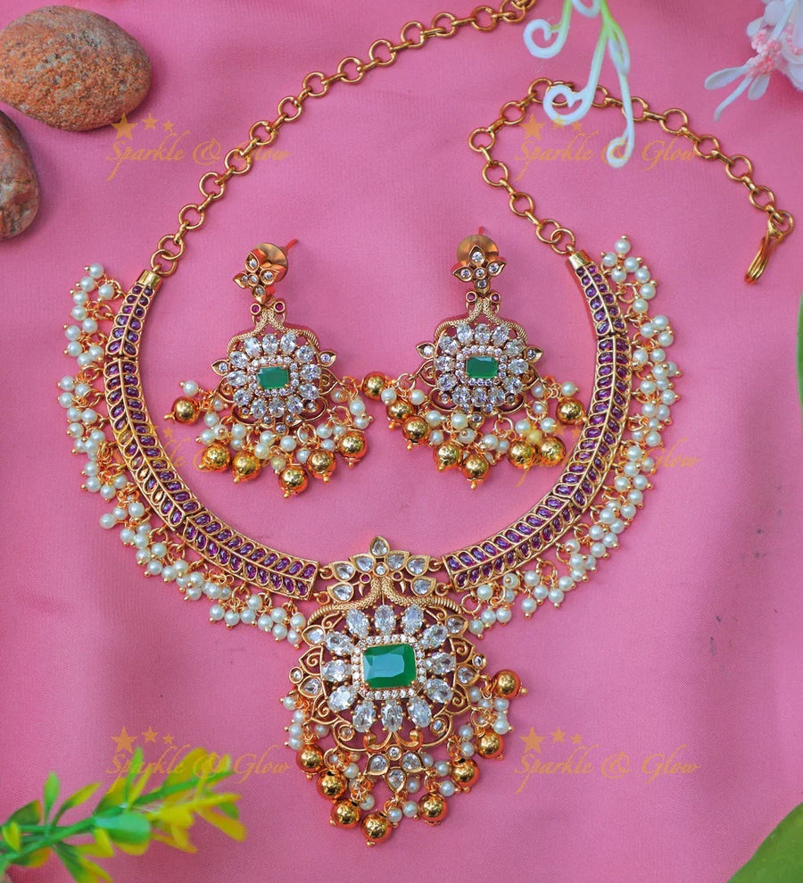 Stunning Emerald Green & Pearl Embellished Antique gold alike Hasli Kanti Necklace Set - Sparkle and Glow