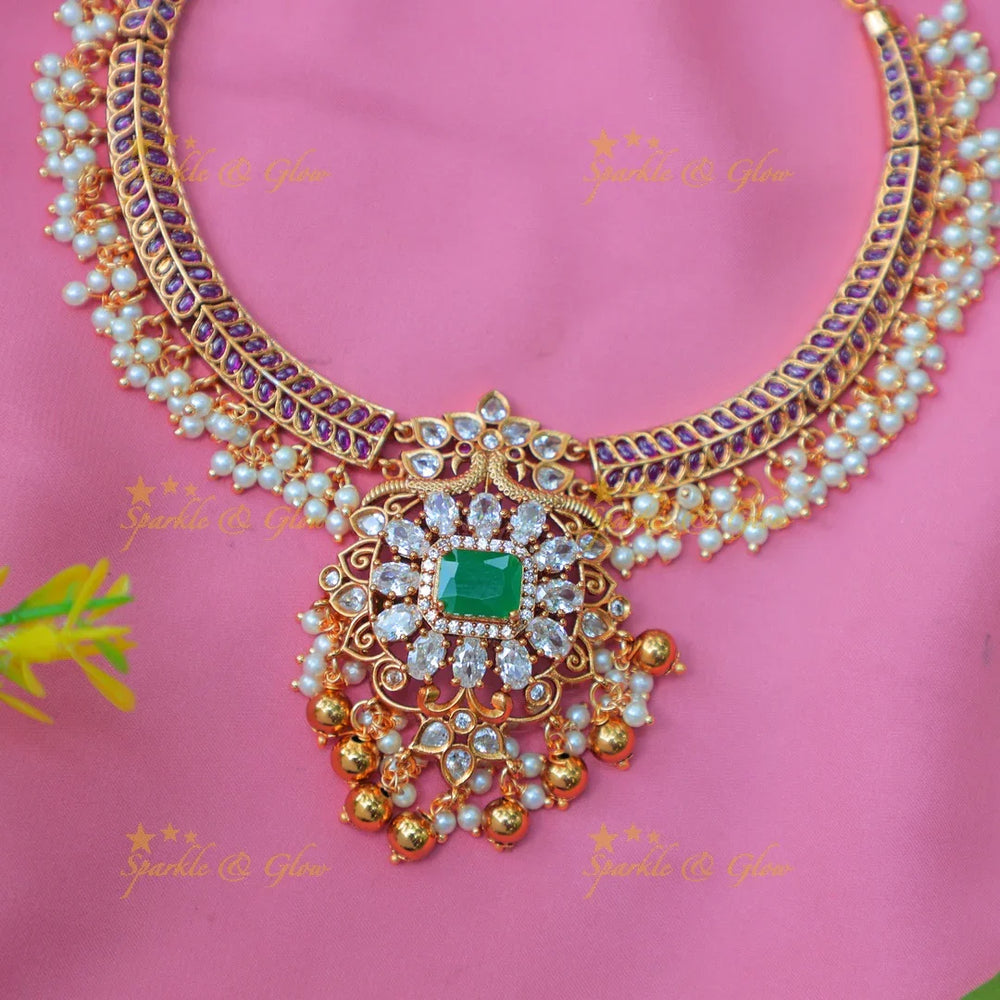 Stunning Emerald Green & Pearl Embellished Antique gold alike Hasli Kanti Necklace Set - Sparkle and Glow