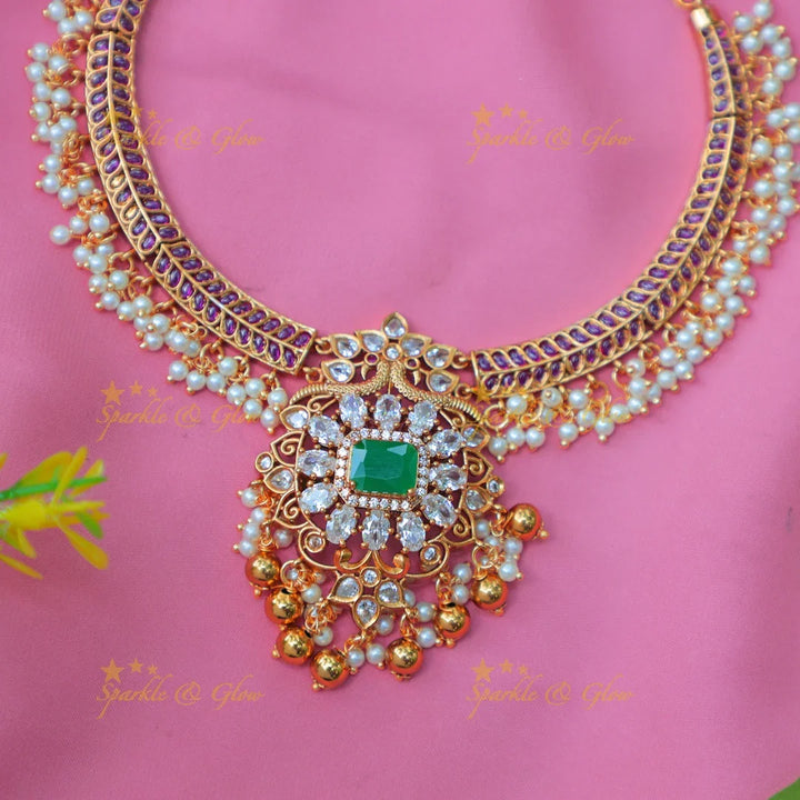 Stunning Emerald Green & Pearl Embellished Antique gold alike Hasli Kanti Necklace Set - Sparkle and Glow