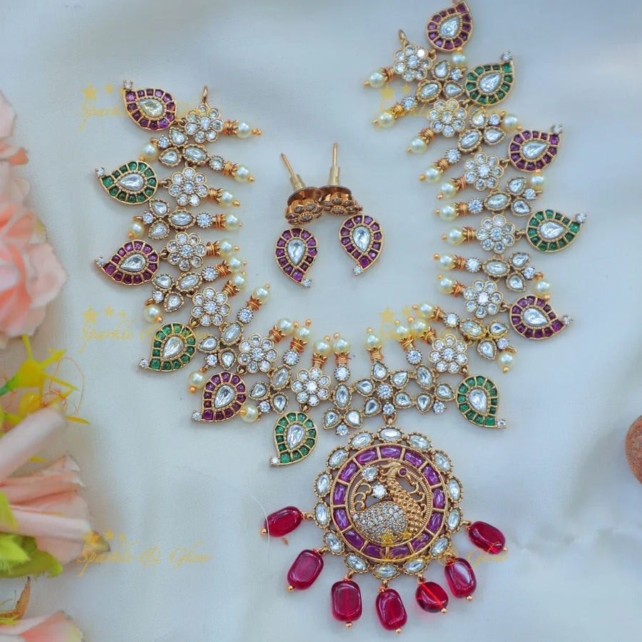 Stunning Peacock Pendant Necklace Set with mango Kundan, Enamel & Ruby Drops - Sparkle and Glow