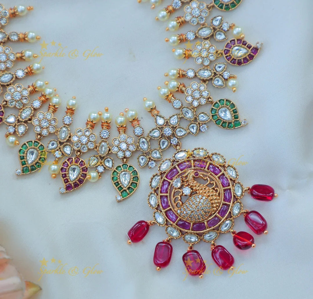 Stunning Peacock Pendant Necklace Set with mango Kundan, Enamel & Ruby Drops - Sparkle and Glow