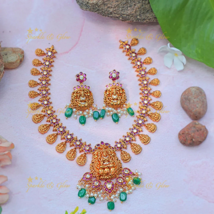Beautiful Antique gold alike Lakshmi Temple Necklace Set with Green Beads - Sparkle and Glow