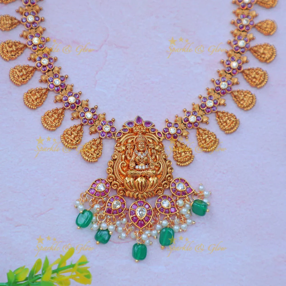 Beautiful Antique gold alike Lakshmi Temple Necklace Set with Green Beads - Sparkle and Glow