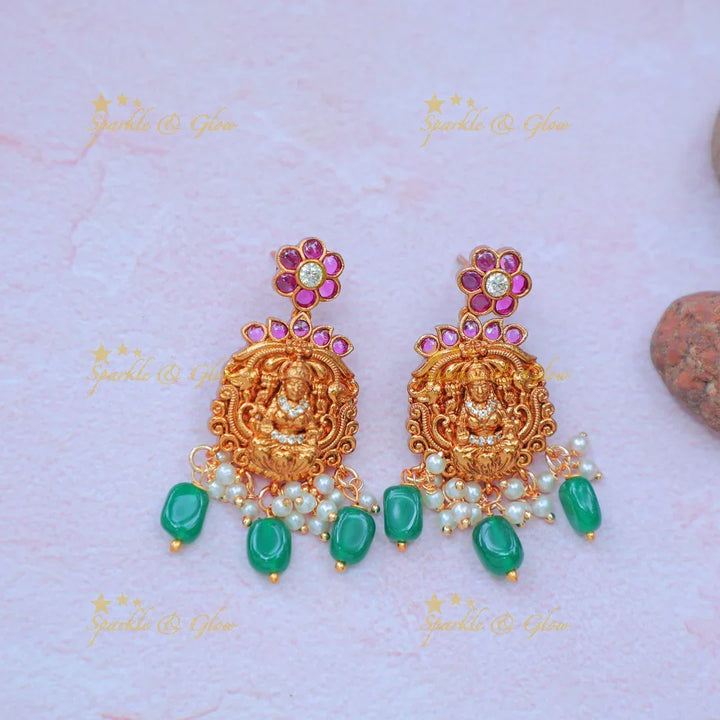 Beautiful Antique gold alike Lakshmi Temple Necklace Set with Green Beads - Sparkle and Glow