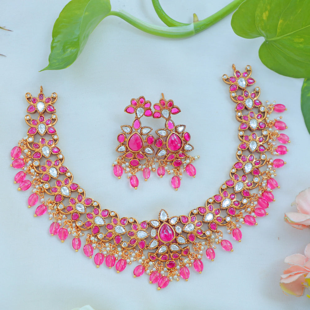 Elegant Kemp Floral Kundan Necklace Set with Green Beads - Sparkle and Glow