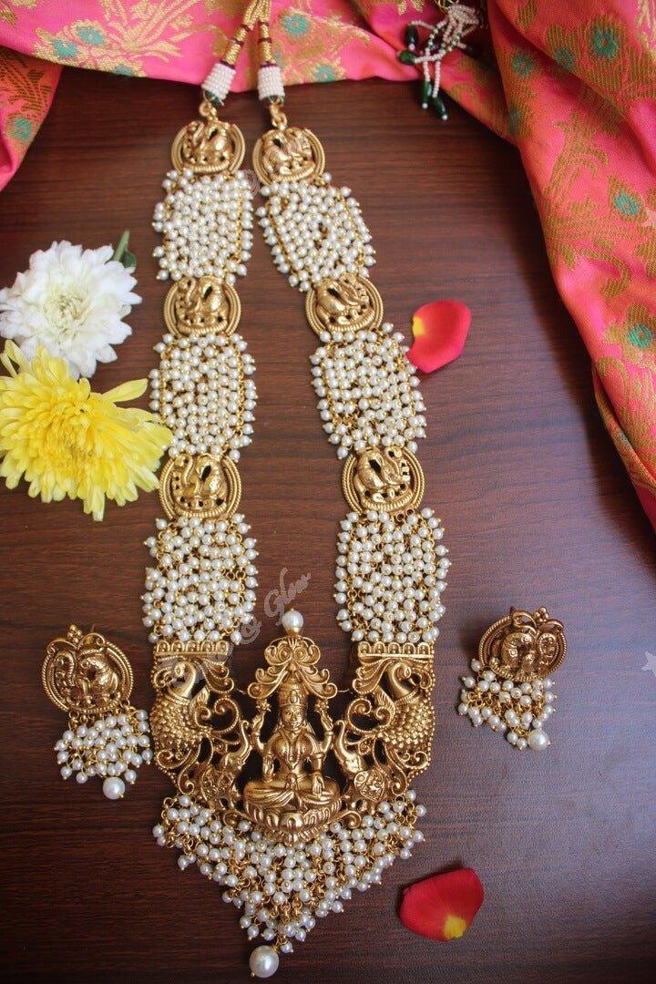 Gold alike polished Lakshmi mid length haram with gold beads cluster statement haram - Gold - Sparkle and Glow