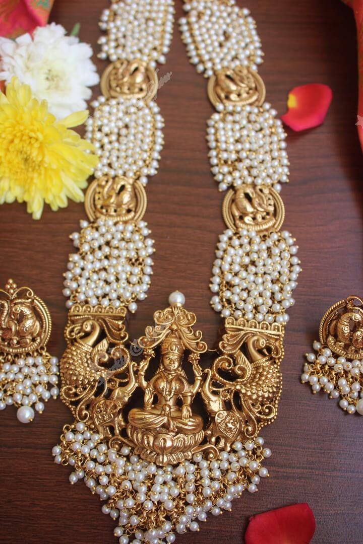 Gold alike polished Lakshmi mid length haram with gold beads cluster statement haram - Gold - Sparkle and Glow