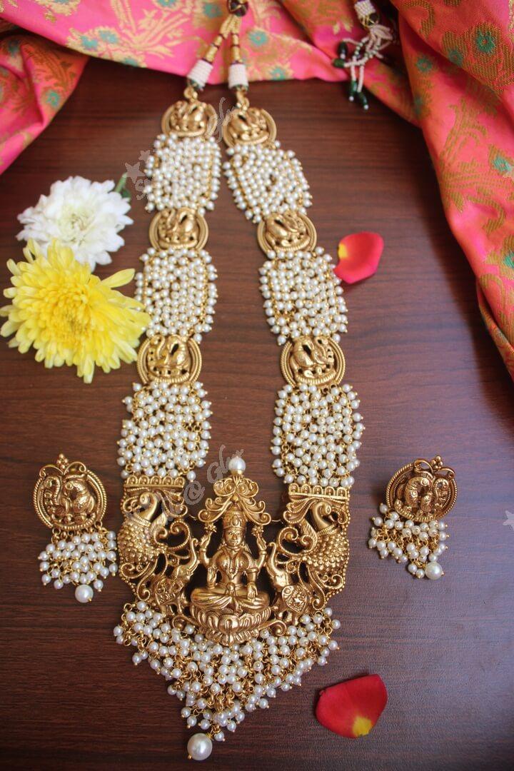 Gold alike polished Lakshmi mid length haram with gold beads cluster statement haram - Gold - Sparkle and Glow