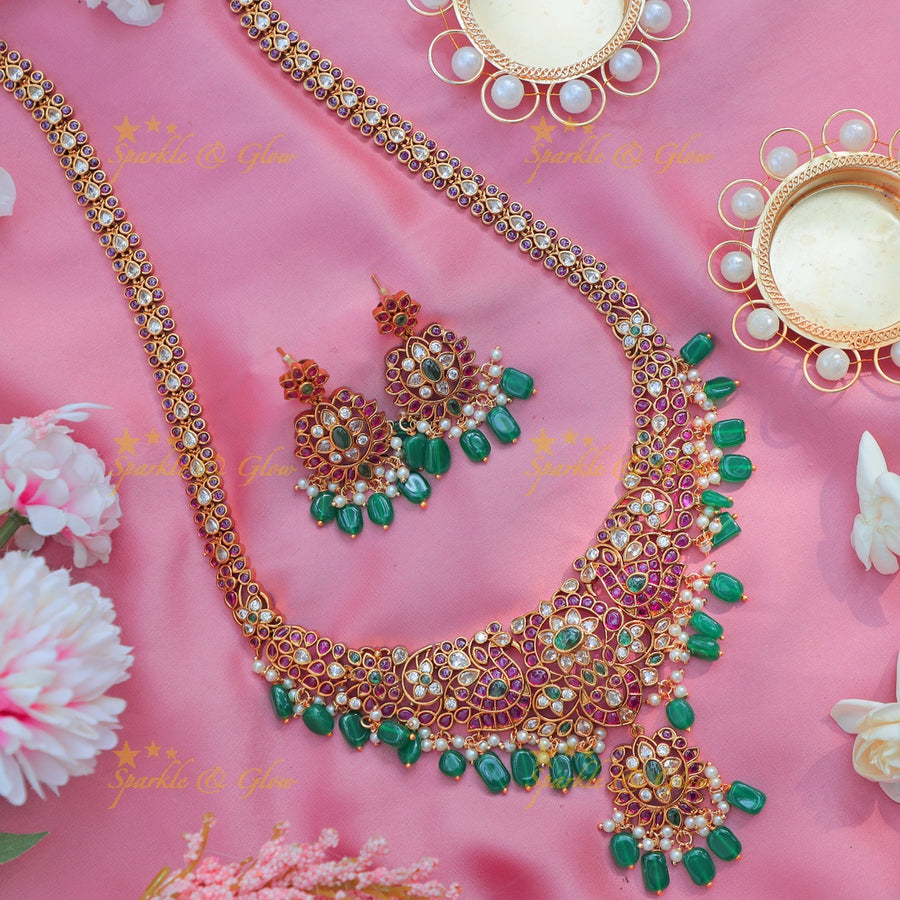 Stunning Kundan Floral Haram with Green Beads and Earrings - Sparkle and Glow