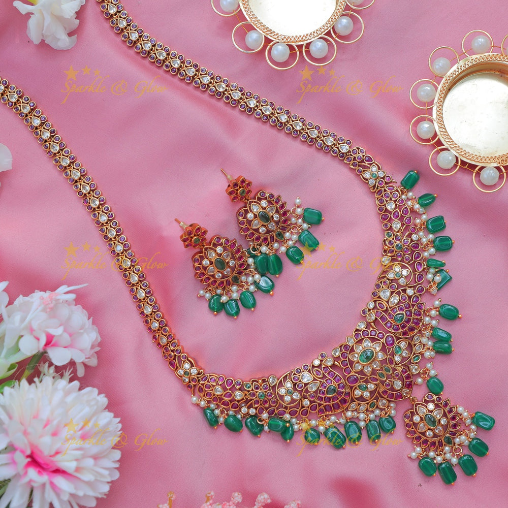 Stunning Kundan Floral Haram with Green Beads and Earrings - Sparkle and Glow