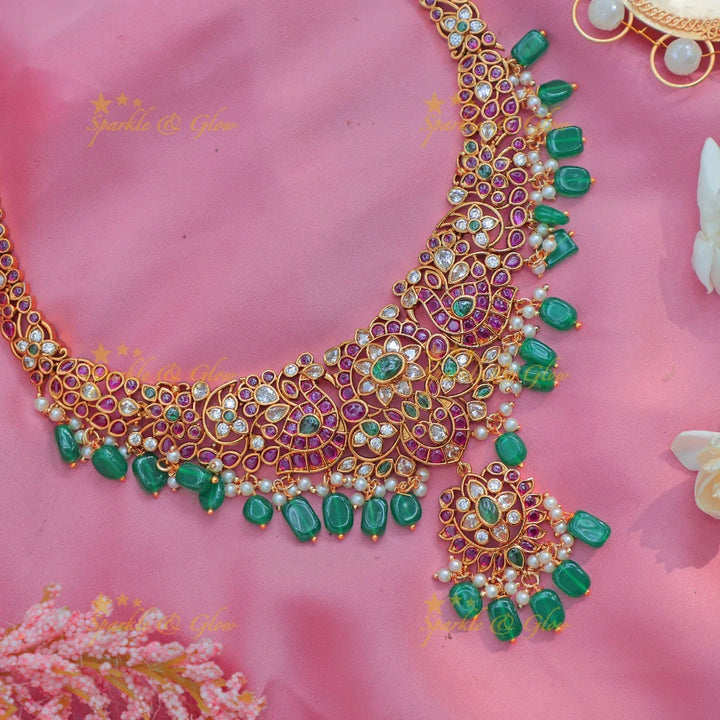 Stunning Kundan Floral Haram with Green Beads and Earrings - Sparkle and Glow