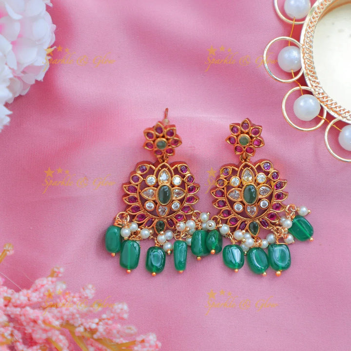 Stunning Kundan Floral Haram with Green Beads and Earrings - Sparkle and Glow