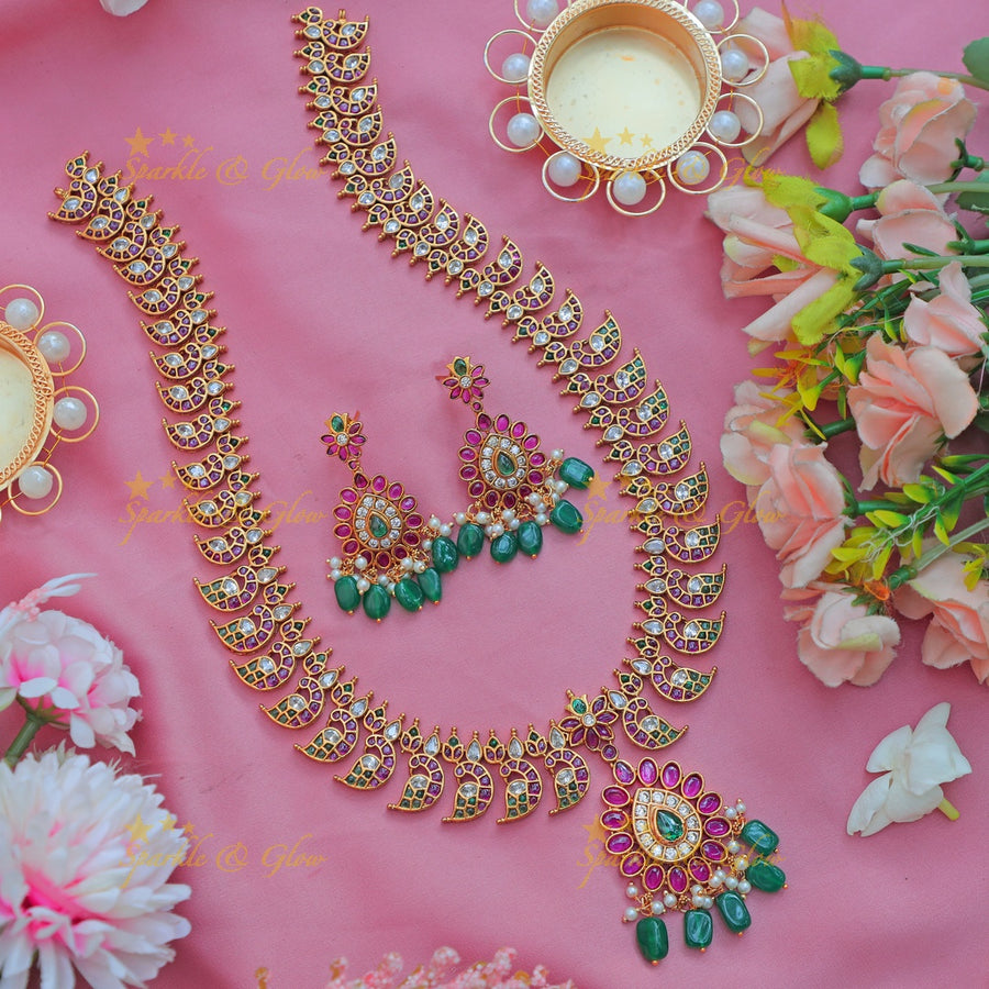 Elegant Crescent Motif Peacock Floral Kundan Haram with Green Beads - Sparkle and Glow