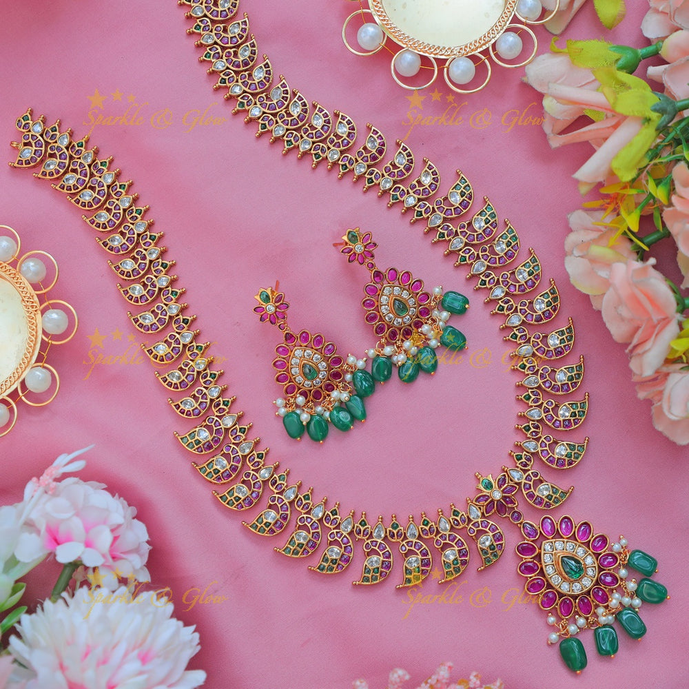 Elegant Crescent Motif Peacock Floral Kundan Haram with Green Beads - Sparkle and Glow