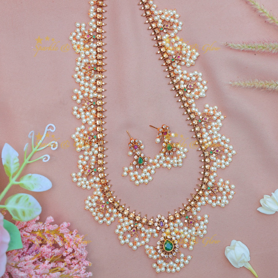 Beautiful Floral Guttapusalu Bridal Haram with Green Drop Pendant - Sparkle and Glow