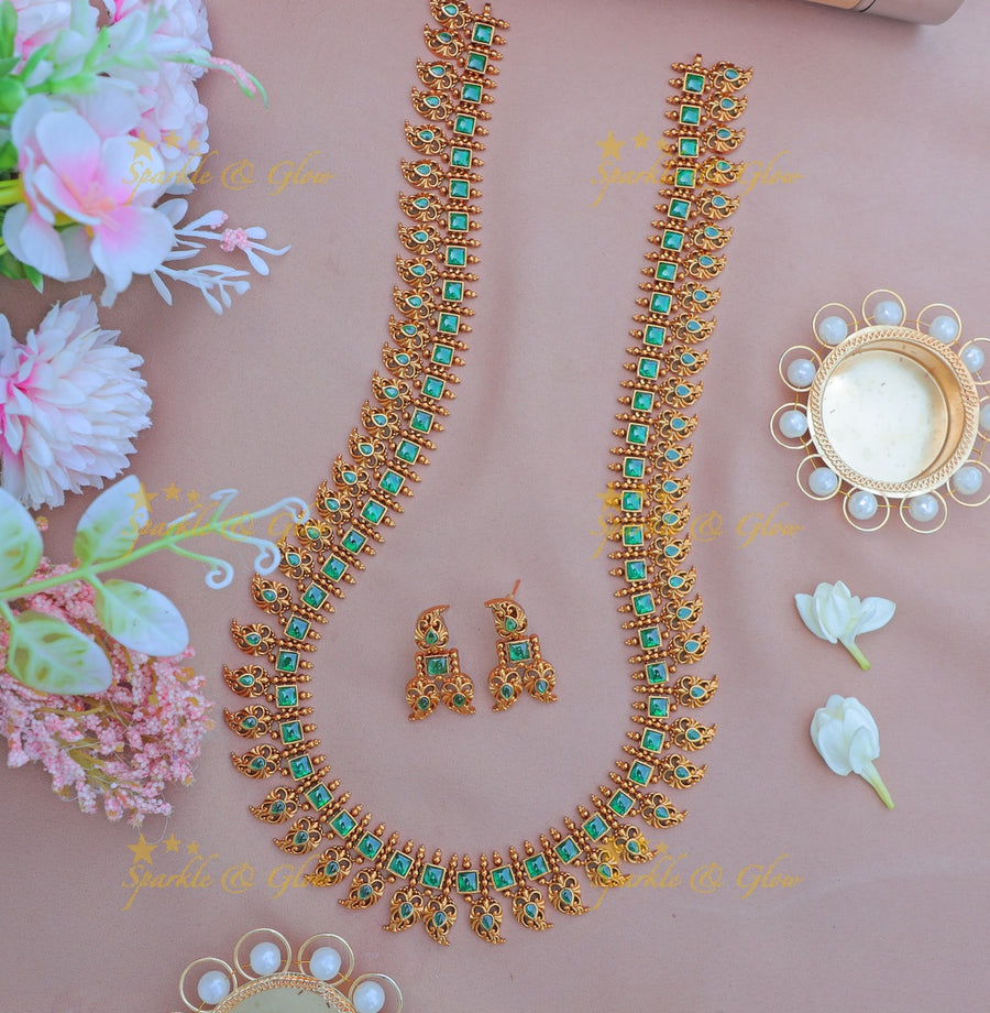 Stunning Antique Matte Gold alike Square Floral Haram with Green Stones - Sparkle and Glow
