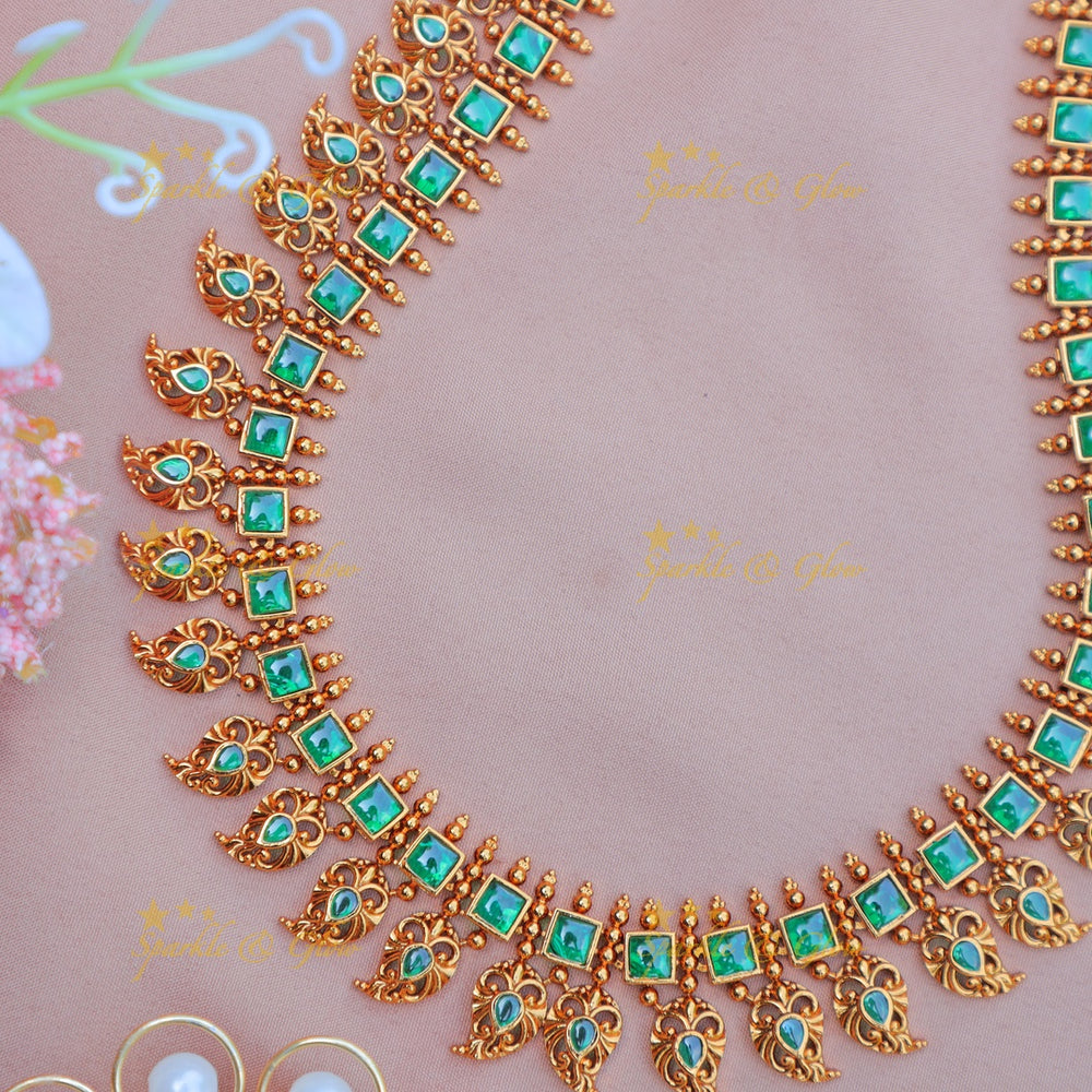 Stunning Antique Matte Gold alike Square Floral Haram with Green Stones - Sparkle and Glow